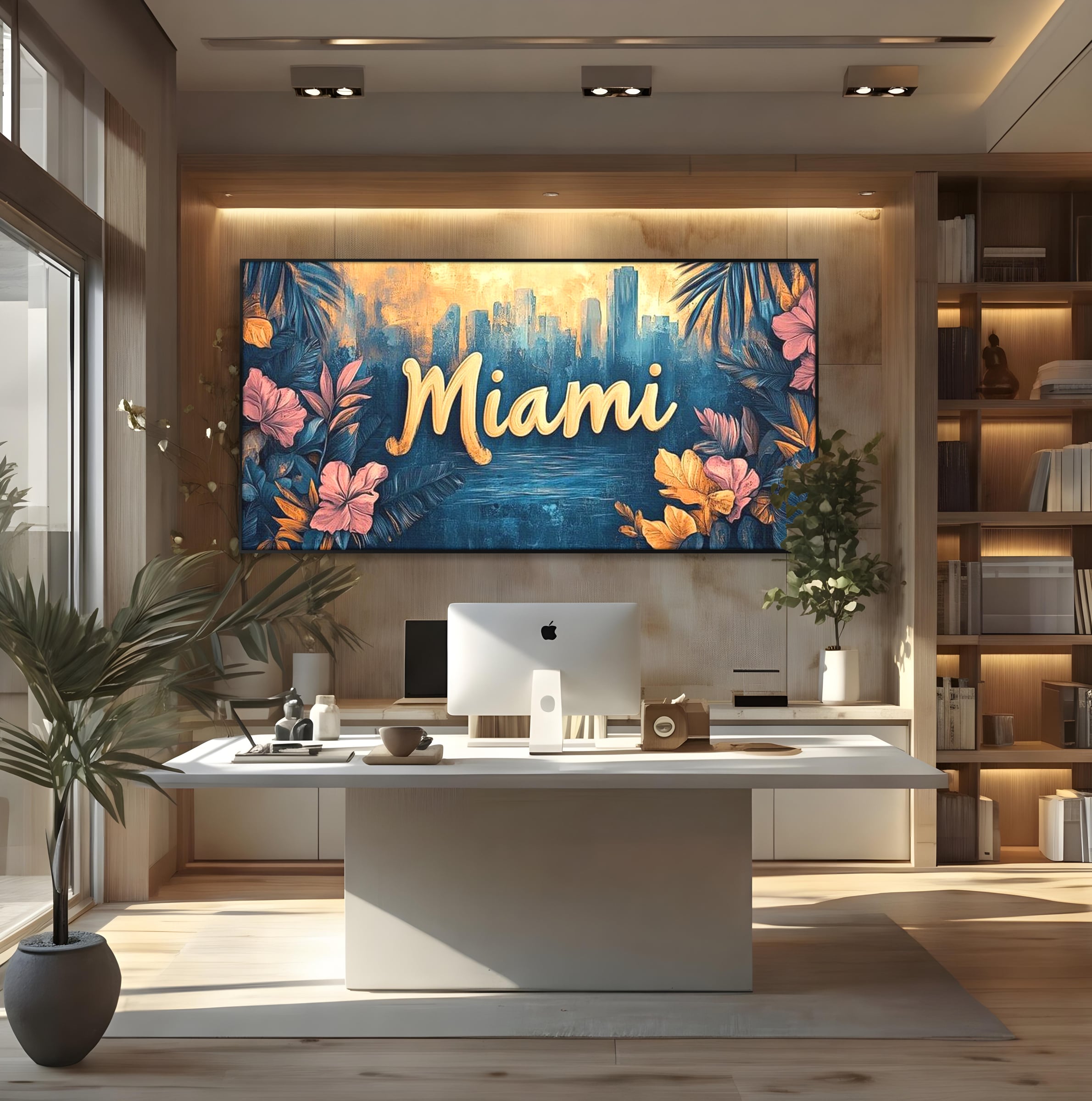 Tablou canvas cu tablou canvas cu peisaj urban miami, in rama de aluminiu negru, pe perete intr-un birou